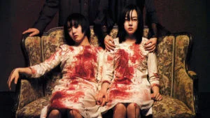 Lebonplanciné - affiche de 2 soeurs où l'on aperçoit toutes deux l'une à côté de l'autre en robes blanches et couvertes de sang.