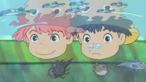 Ponyo sur la falaise, Sosuke et Ponyo ont la tête sous l'eau